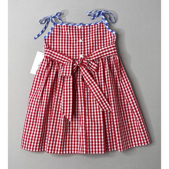NWT Lulu Bebe Red Gingham Check Patriotic Bicycles Smocked Dress Girls 24 Mo - Picture 3 of 4